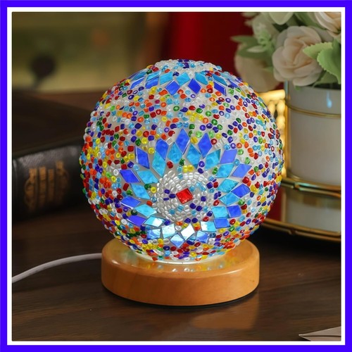 Bohemian Tiffany Bedside Lamps Handmade Mosaic Glass Lamps with Wooden Base Blue - Picture 2 of 10