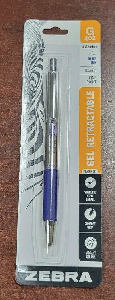 Zebra G-402 Stainless Steel Retractable Gel Pen Fine 0.5mm Blue Ink G402 49921