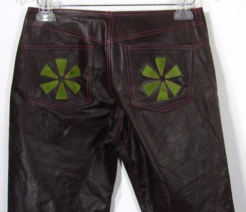 RARE ANA MUSALI LEATHER PANTS SIZE 4 DARK BROWN PURPLE EMBROIDERED POCKETS - Picture 7 of 8