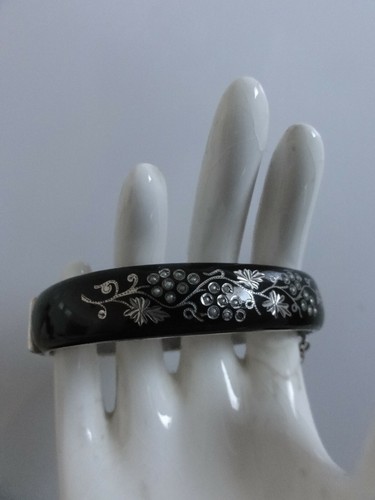 Signed Victorian Austrian Silver & Black Enamel Pearl Mourning Bangle Bracelet - 第 4/9 張圖片