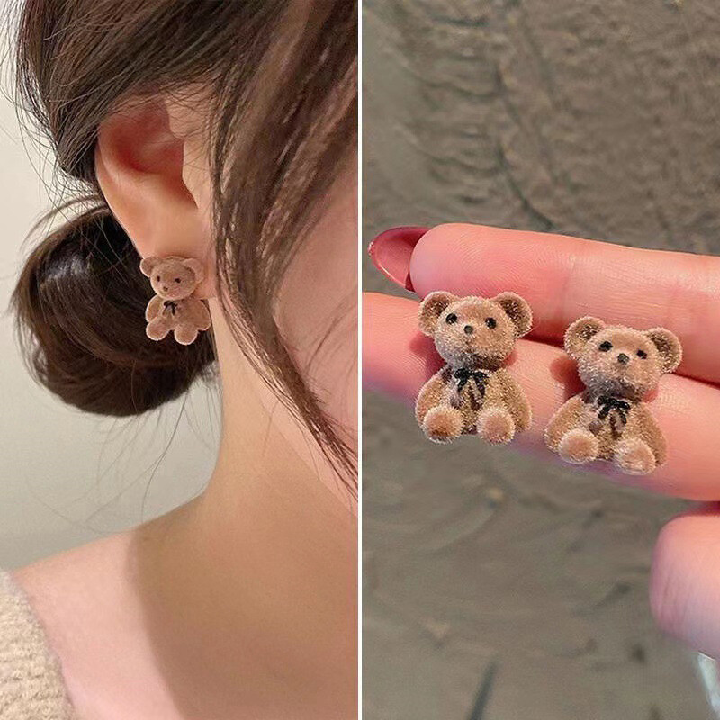 Cute Flocking Plush Bear Stud Earrings for Women Fashion Jewelry Party Accessory