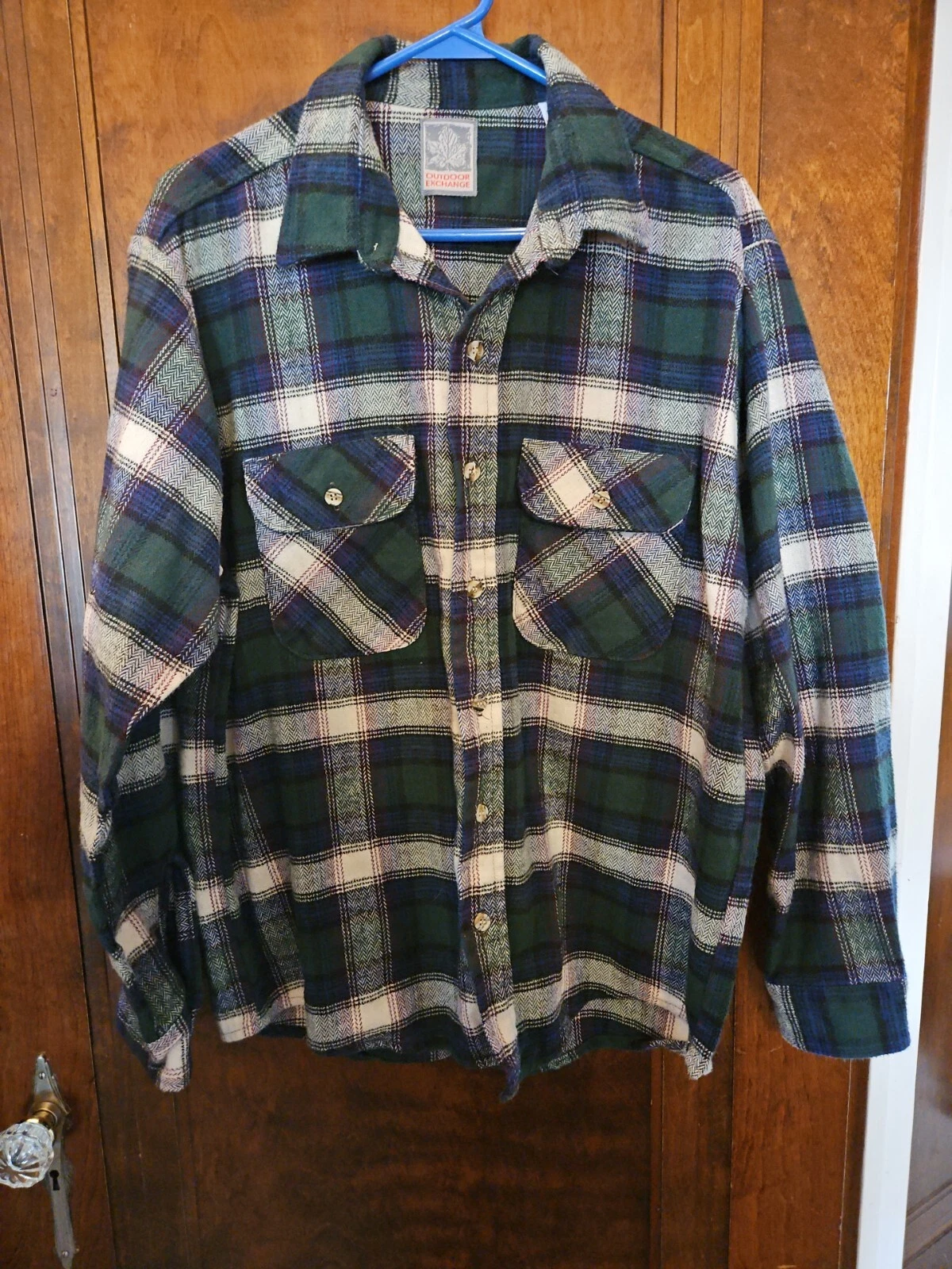 Outdoor Exchange Men's Green Blue White Red Plaid Flannel Cotton Shirt - Large