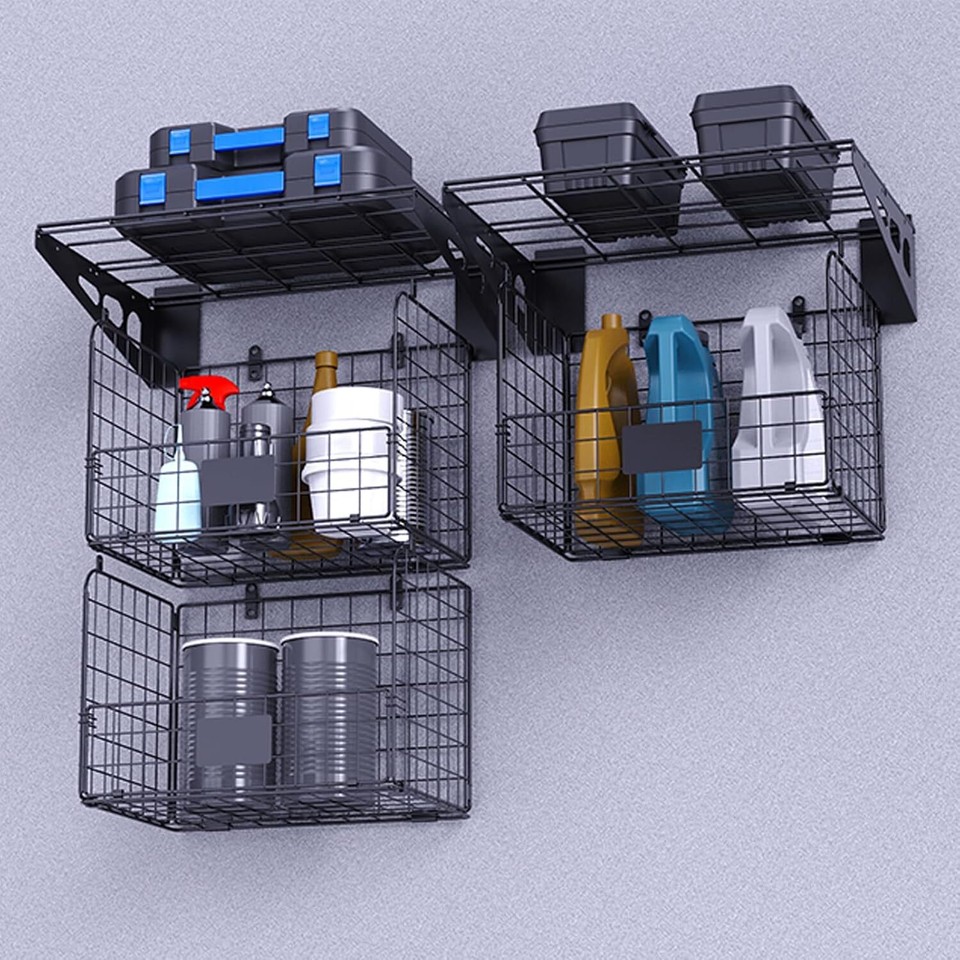Garage Wall Shelving with Wire Basket, Heavy Duty Shelf Mount Garage