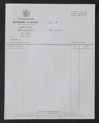 Rechnung Jungfrau Champagner RICHARD DE AYALA REIMS billhead rechnun