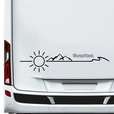 Wohnmobil Wunschtext Aufkleber Sonne Berge Gebierge Wohnwagen Sticker 110x25 cm