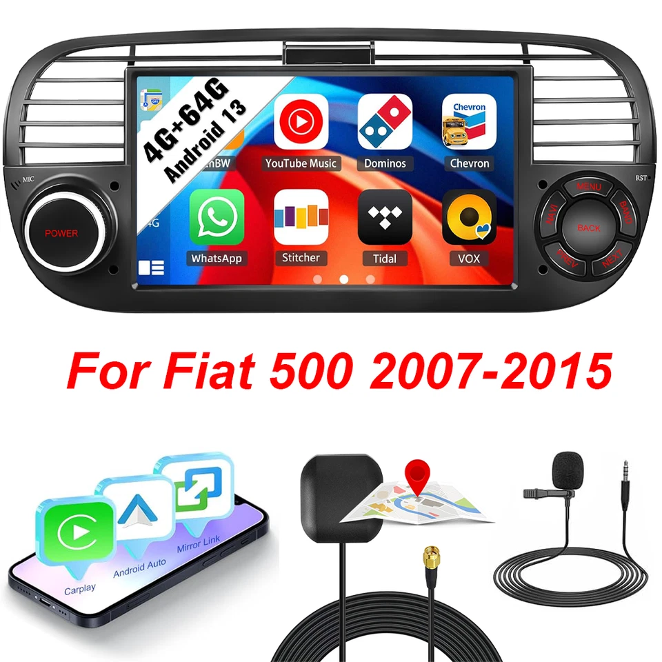 YUANTING Wireless Carplay 7" Android 13.0 Car Stereo Radio GPS SWC For Fiat 500 2007-2015