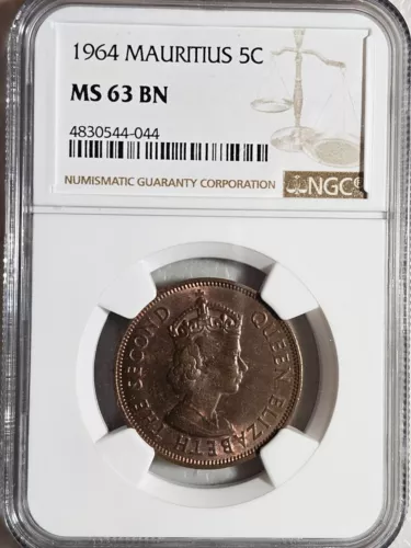 Mauritius 5 Cents 1964 NGC MS 63 BN