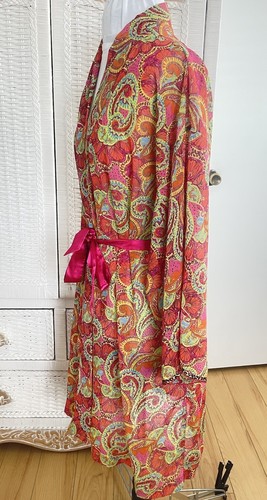 Josie Natori Kimono Morgenmantel Hot Pink Transparent Leopardenbesatz Gürtel Loungewear Gr. M - Bild 4 von 10
