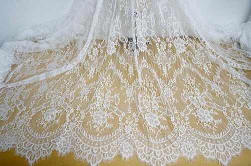 French Chantilly Lace Bridal Fabric Floral Embroidery Scallop Lace Fabric 1 Yard - Picture 2 of 12