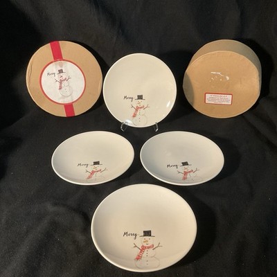 Rae Dunn, Magenta, 6'' Snowman ''Merry'' Plates, set of 4