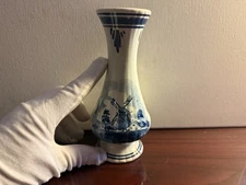 Vintage Hand painted Delft & Blauw Windmill Floral Bud Porcelain Vase 9.5”
