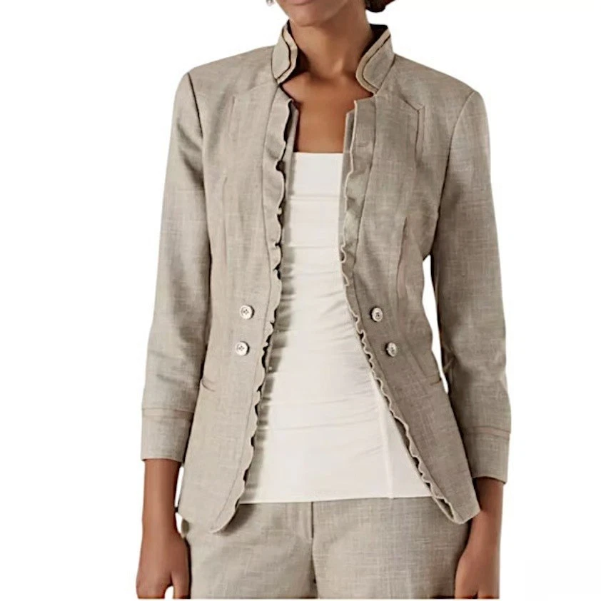 White House Black Market Light Tan Tweed 3/4 Slv Ruffle Fitted Blazer Jacket 6 - Image 2 of 4