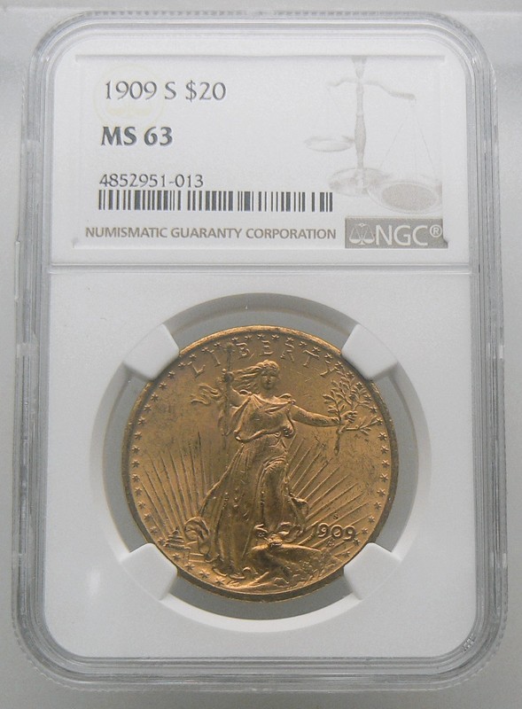 1909-S $20 Gold Saint Gaudens Double Eagle NGC MS63