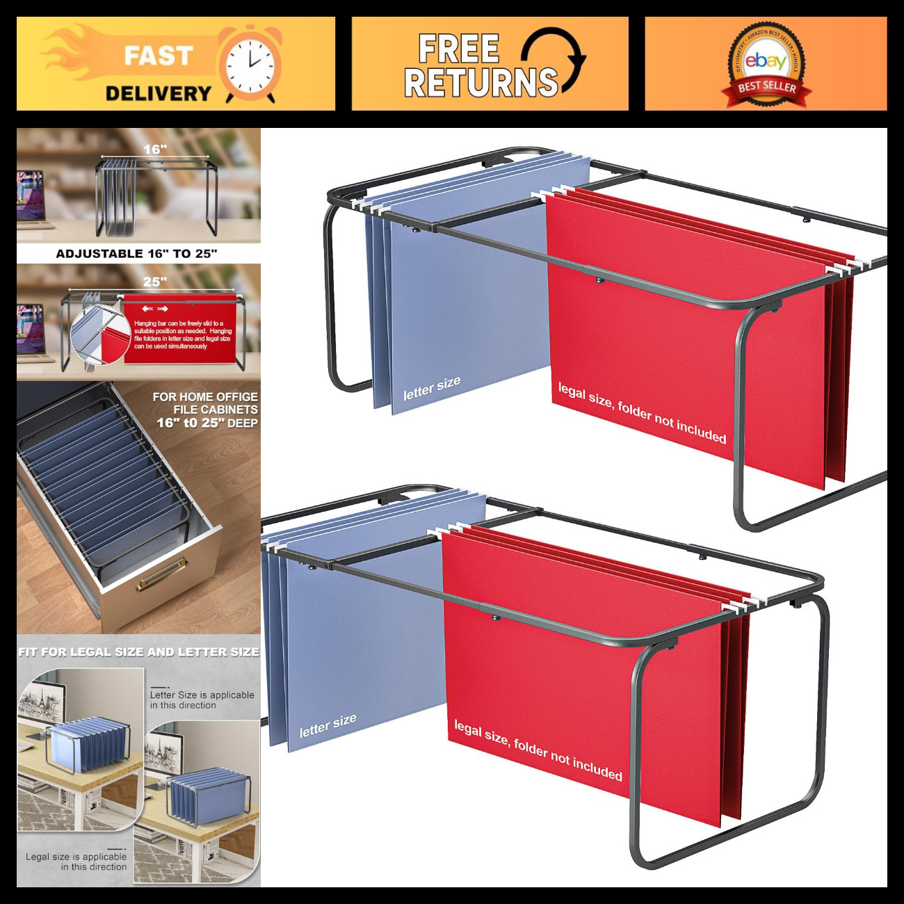 Adjustable Hanging File Folder Frame Set - Legal/Letter Size, Heavy Duty Steel O