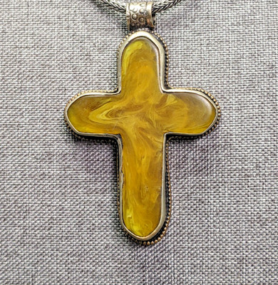 Vintage Silver Yellow Resin Cross Tribal Tibetan Necklace Pendent Belly Dance