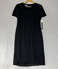 Maggy London Chiffon Sequin Dress 6 Black Midi Short Sleeve Classic Elegant