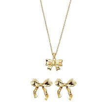 Gold Bow Earrings Necklace Set Golden Ribbon Earrings Necklace for Women Bowk...