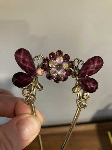Vintage Victorian Hair Fork Stick Pin Comb Purple Rhinestone Butterfly Prom - Picture 2 of 5