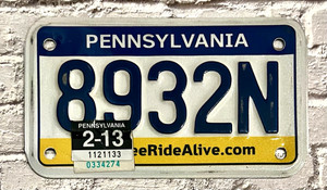 2013 Pennsylvania Motorcycle License Plate 8932N - LIVE FREE RIDE ALIVE