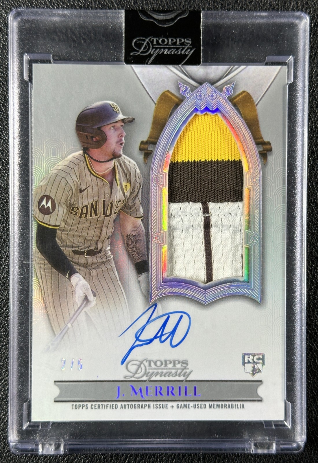 JACKSON MERRILL 2024 TOPPS DYNASTY VERTICAL GAME-USED PATCH AUTO SILVER RC 2/5