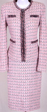 ST.JOHN Women's Knit Tweed Pink White Navy Blue Trim Jacket Dress Sz 10
