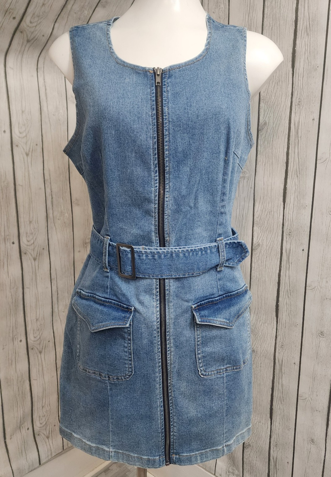 Rewash Stretch Denim Zip Front Mini Dress Belted Pockets Size L Y2K Style