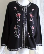 NWT Parsley & Sage Sz XL Black Finely Embroidered Floral Cotton Sweater Jacket