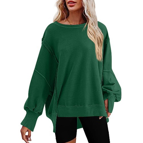 Womens Oversized Crewneck Solid Sweatshirt Side Slit Long Sleeve Pullover Tops - Picture 8 of 27