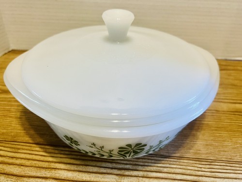 VTG Glasbake Casserole Dishes W Lid Milk Glass Green Daisy Nesting 2qt & 1.5 qt - Picture 6 of 14
