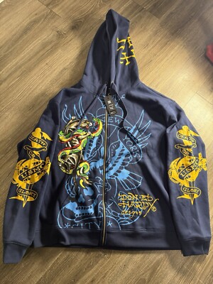 Ed Hardy Zip Hoodie Jacket Bulldog King USMC Y2K Mens Christian Audigier NYC
