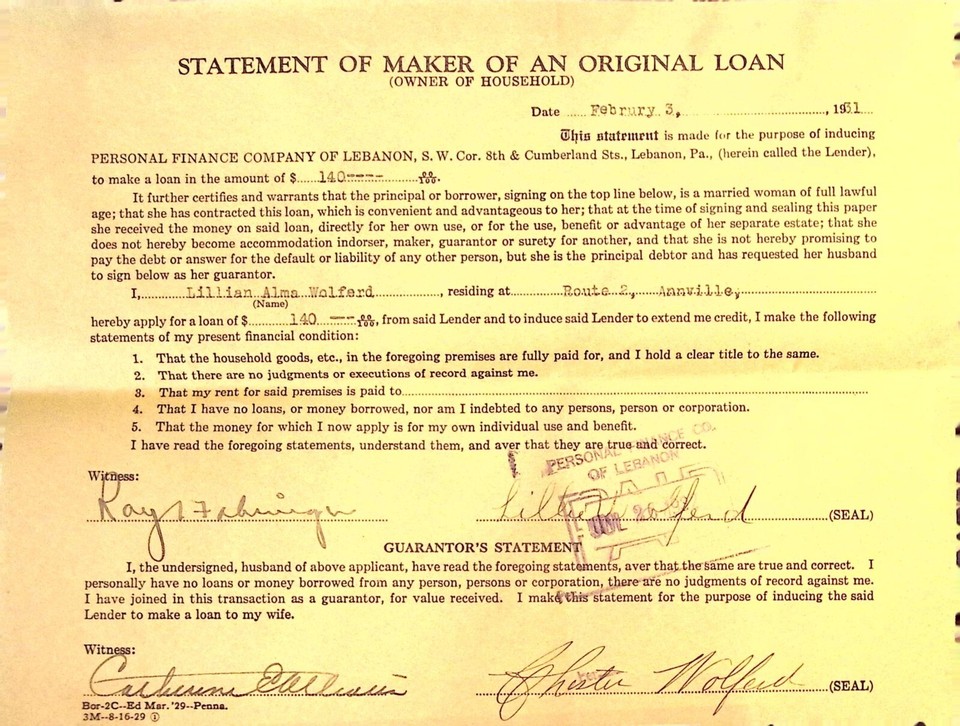Lebanon PA 1931 Contract Bill Sale Document Collection Married Woman's