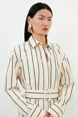 Karen Millen Cotton Stripe Belted Woven Shirt Dress Ivory – Size 12 - NEW - Picture 3 of 22
