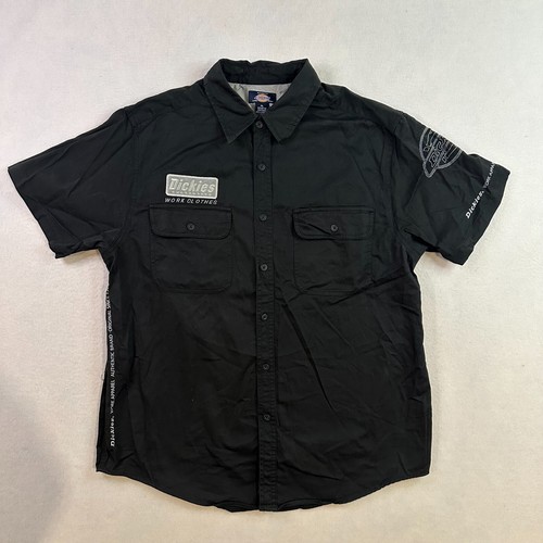 Dickies Embroidered Patch Logo Black Work Button Up Shirt Mens XL Workwear