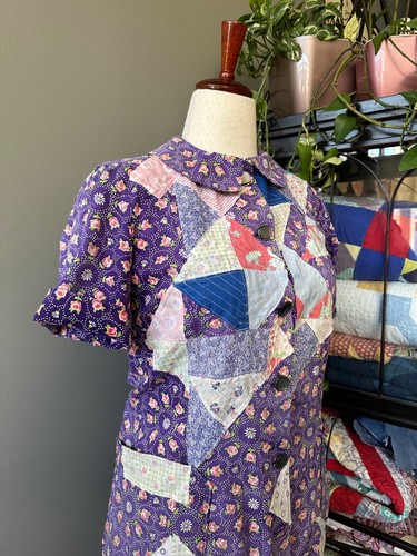 Vintage 30s 40s Handmade Quilt Patchwork Feed Sack Farmhouse Chore Dress Size L - Picture 7 of 13