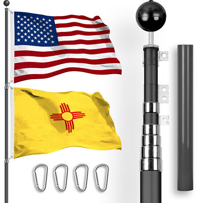 20 Ft Telescoping Flagpole Black & American and New Mexico Flags Spun 3x5 Ft