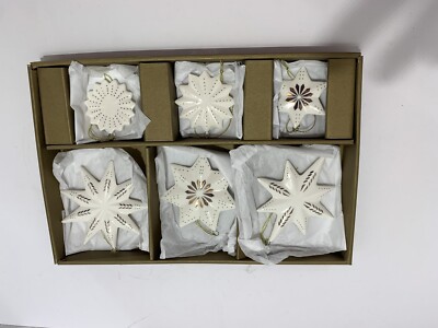 Crate And Barrel White And Gold Snowflake Ornaments 