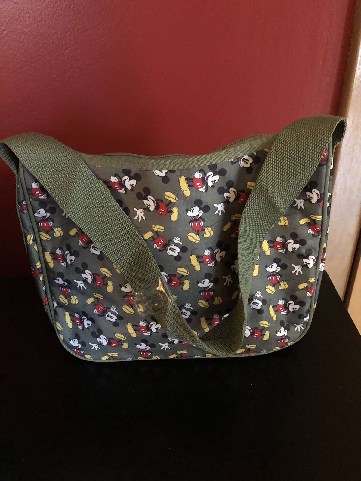 NWOT Disney Mickey Mouse Vinyl Zip Shoulder Bag Olive Green & Coin Purse Lunch