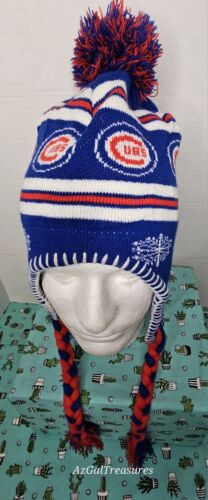 Chicago Cubs Pepsi Unisex Winter Knit Hat with Pompom, Braided Ties, Ear Flaps - Picture 1 of 5