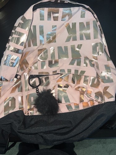 VICTORIA'S SECRET PINK ROSE GOLD BLING LOGO POM MINI BACKPACK LIMITED EDITION