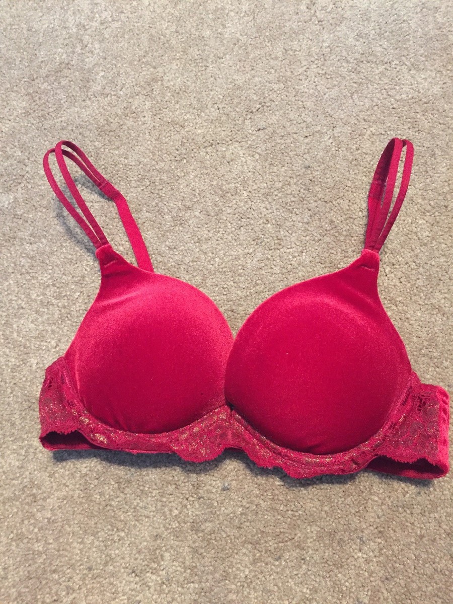 Victoria's Secret Red Velvet Velour Pushup Bra Size 32B Gold Shine