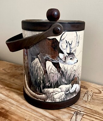 Vintage Kraftware Ice Bucket Faux Woodgrain Hunting Cabin Buck Lamb Woods MCM