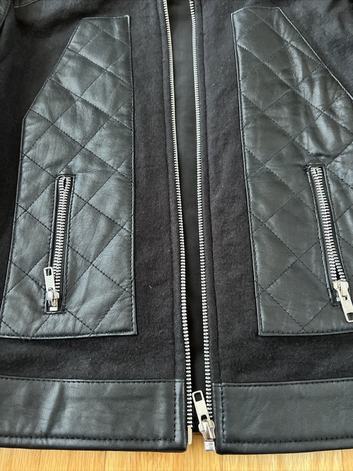 Rare Women'S Black Quilted Biker Genuine Leather Jacket with Wool Accent Small image 3