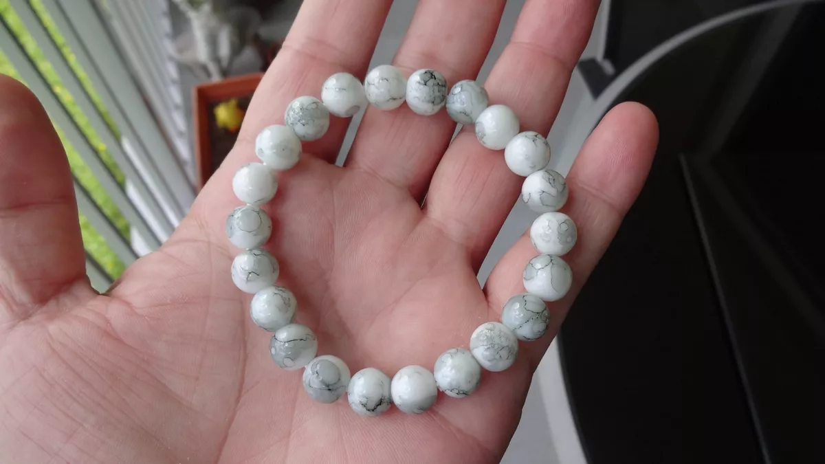 White Marble Gemstone bead bracelet Men Stretch 10mm - 8 inch