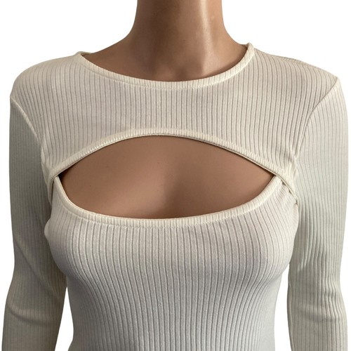 Vero Moda Shirt Womens M VM Polly Cut Out Pullover Ribbed Long Sleeve White New - Picture 3 of 11