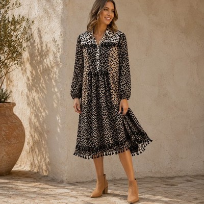 Never Fully Dressed Edna Dress Leopard Print Midi Medium Tassles Black & Brown