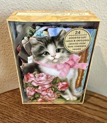 Punch Studio 24 Notecards & Envelopes Ephemera Cats Floral Ribbon 12 Designs