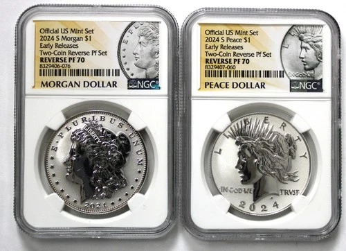 2024-S 2 Coin Reverse Proof Morgan & Peace Dollar Set - NGC Reverse Pf 70 !!