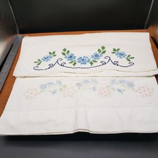 Vintage Embroidered Pillowcase Pair   Blue Floral  Pastel Flowers   Cottage Sty