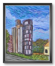 ShawNshawN Original Silos Painting on Canvas 16x20 Impressionist Farm Art