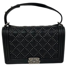 Chanel Crumpled Lambskin New Medium Studded Boy Flap Bag Women Black One Size